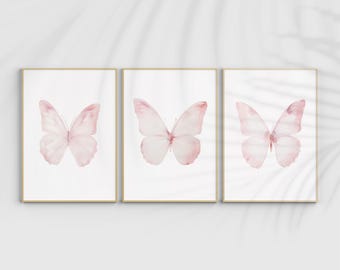 Pink Butterfly Art Prints, Baby Girl Nursery Decor, Set of 3