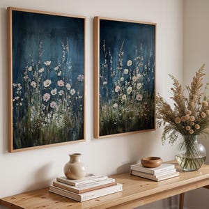 Navy Wildflower Field Art Print: Vintage Botanical Landscape Set