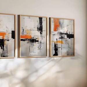 Orange & Black Abstract Art Prints - Modern Brush Stroke Wall Decor Set of 3