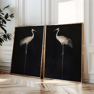 Vintage Black Sandhill Crane Artwork, Crane oil painting, Minimalist Coastal Room Decor, Modern Fine Art Posters, set of 2