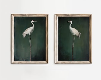 Green Sandhill Crane Print Set: Minimalist Coastal Art