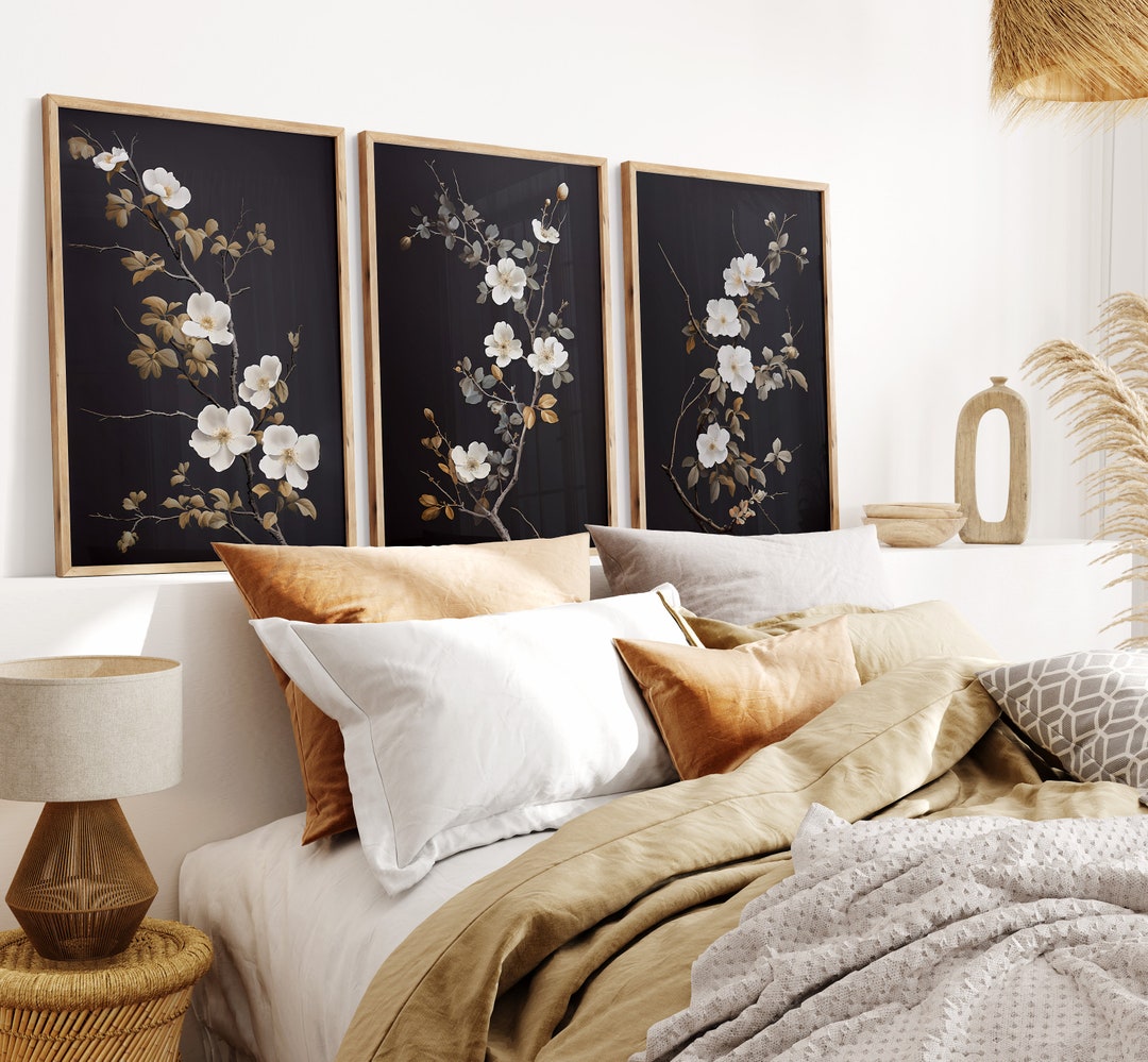 Floral Artwork, Black Flower Wall Art, Modern Floral Print, Set of 3 Etsy