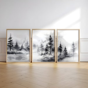 Modern Black Forest Watercolor Prints - Nature Wall Decor Set of 3