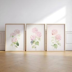 Roze hortensia, aquarel, minimalistisch muurdecor, kunst aan de muur kinderkamer, roze bloemsierkunst, set van 3