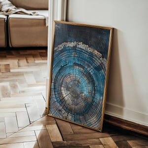 Blue Tree Ring Art Print: Vintage Scandinavian Wood Wall Decor