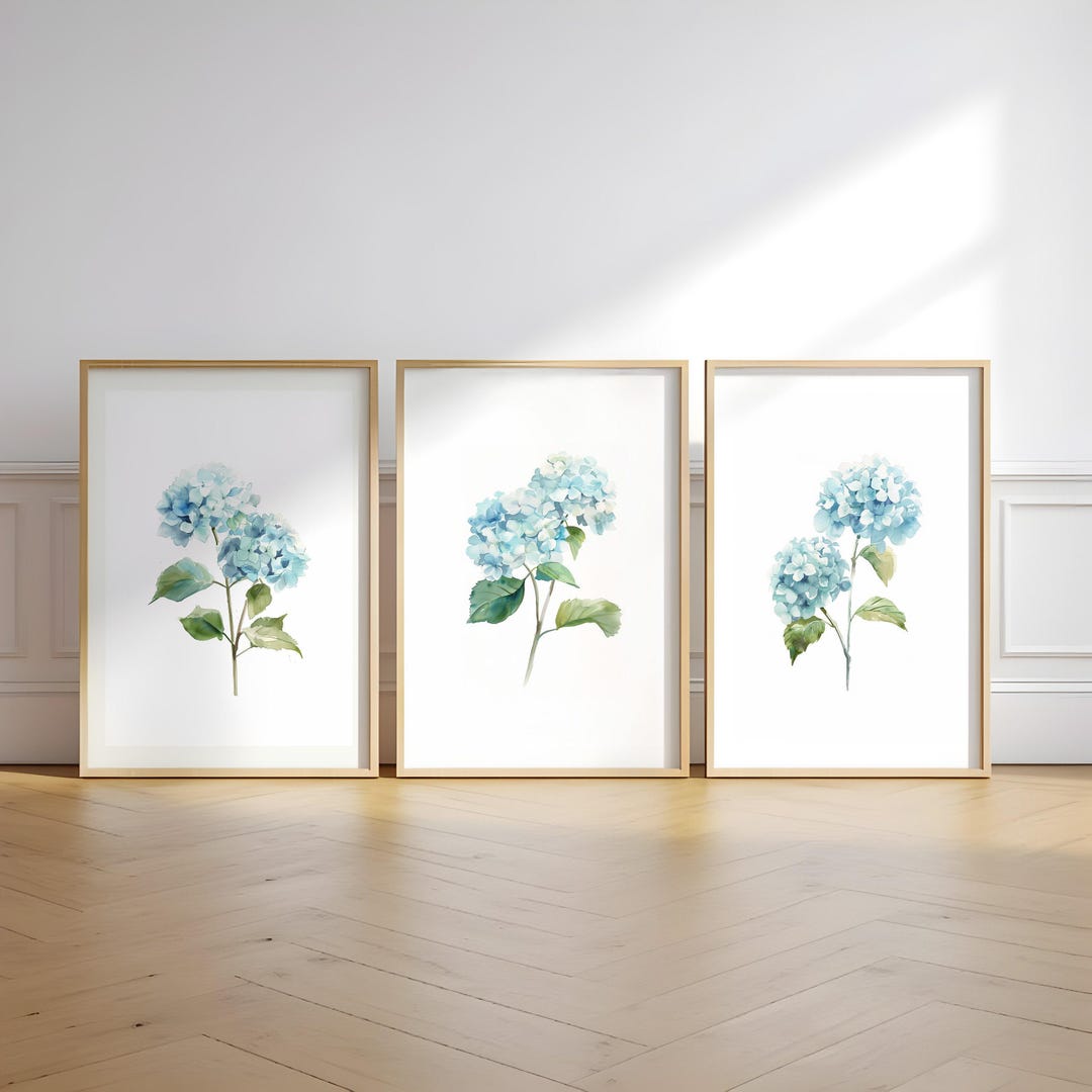 Blue Hydrangea Botanical Wall Art Set of 3 – Watercolor Flower Prints ...