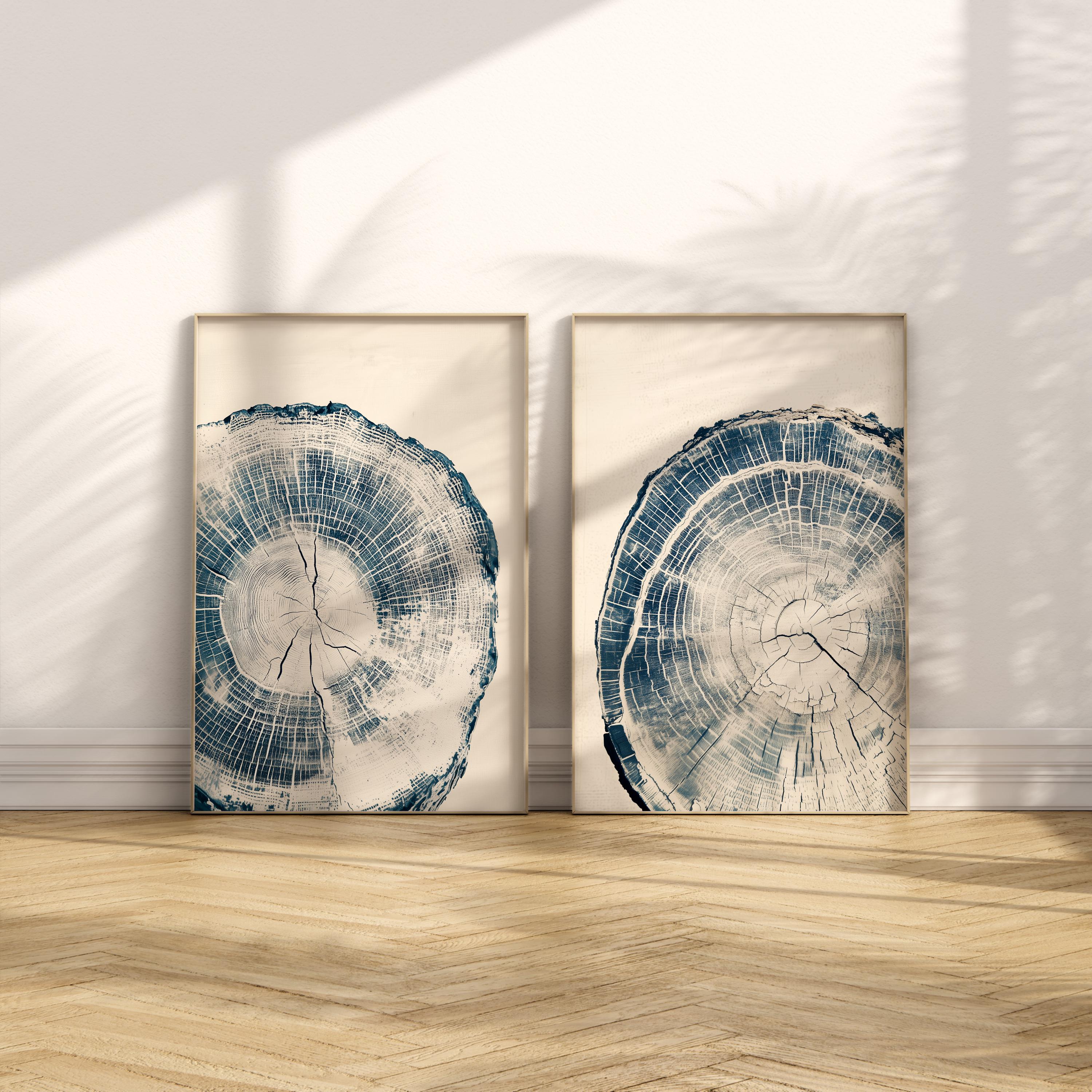 Blue Tree Ring Print, Rustic Tree Ring Artwork, Neutral