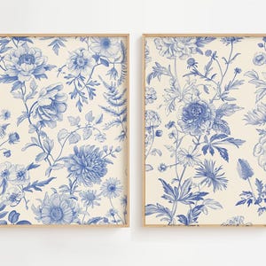 Chinoiserie Blue Botanical Prints - Set of 2 Minimalist Wall Art Decor