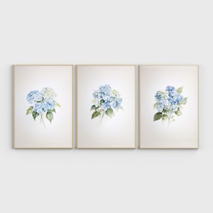 Blauwe hortensia, aquarel, minimalistisch muurdecor, kunst aan de muur kinderkamer, blauwe bloemsierkunst, set van 3