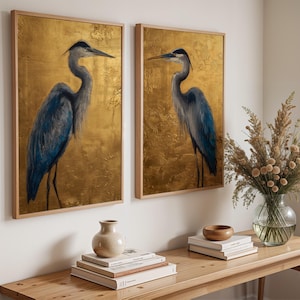 Set of 2 Gold Heron Prints, Coastal Bird Wall Art, Elegant Nautical Decor