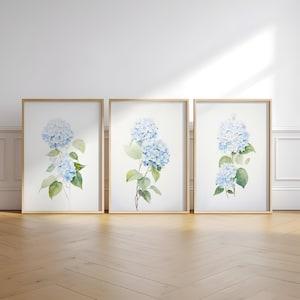 Blauwe hortensia, aquarel, minimalistisch muurdecor, kunst aan de muur kinderkamer, blauwe bloemsierkunst, set van 3