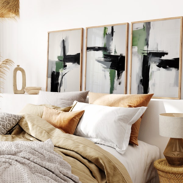 Abstract Art Print Set, Green and Black, Modern Brush Stroke Artwork, Set of 3