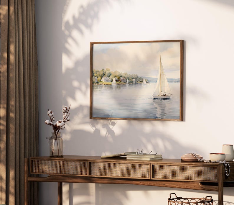 Vintage Nautical Oil Painting Neutral Sailboat Seascape Print Wall Art image 7
