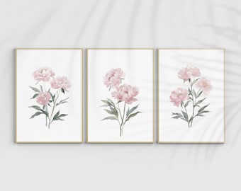 Akvarellkonsttryck med rosa pion: Minimalistisk blommig väggdekoration, set om 3