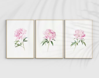 Akvarellkonsttryck med rosa pion: Minimalistisk blommig väggdekoration, set om 3