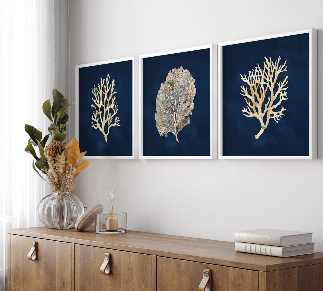 Coastal Wall Art Set of 3 – Navy and Gold Coral Prints, Nautical Ocean ...
