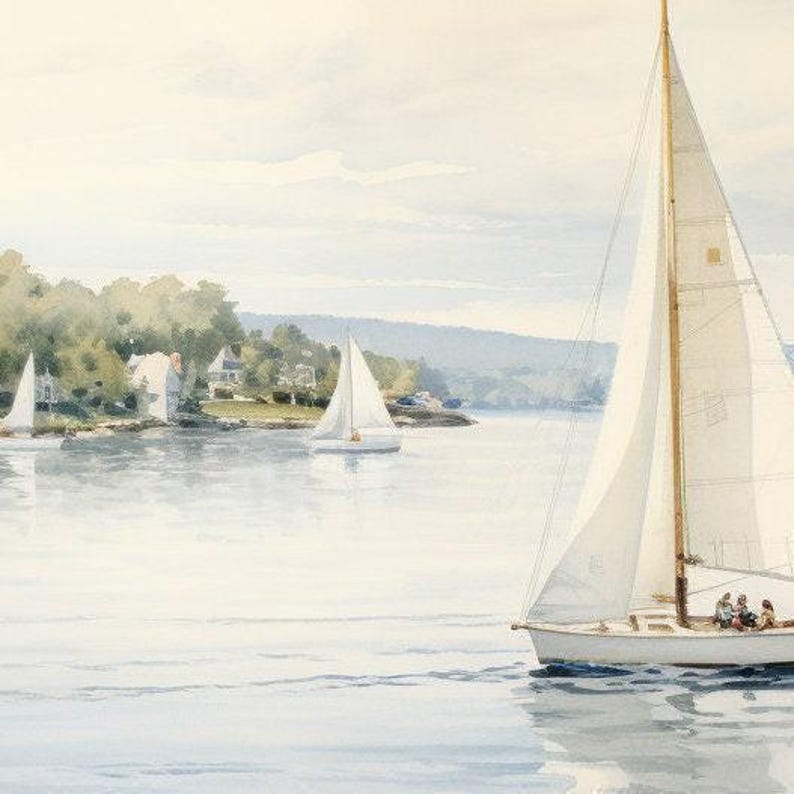 Vintage Nautical Oil Painting Neutral Sailboat Seascape Print Wall Art image 8