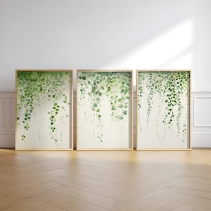 May include: Three framed watercolor prints of green leaves hanging down on a white background. The frames are light wood.