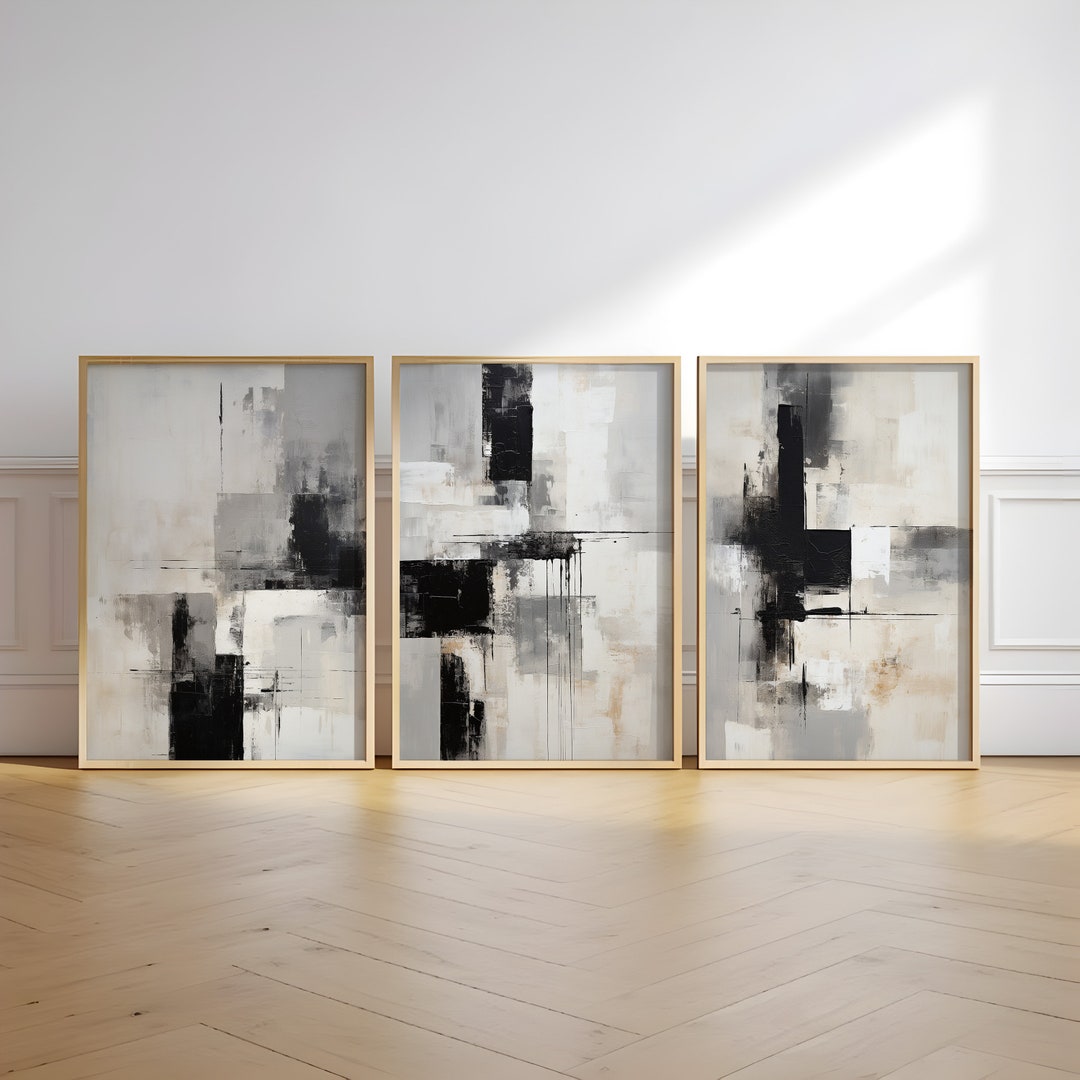 Gray & Black Abstract Art Prints Modern Brush Stroke Wall Decor Set of