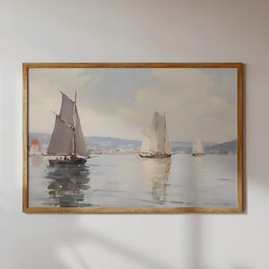 Vintage Nautical Oil Painting Neutral Sailboat Seascape Print Wall Art image 1