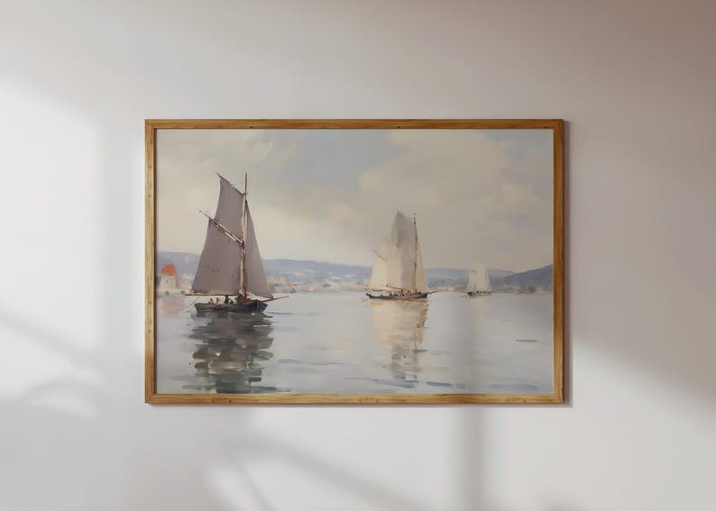 Vintage Nautical Oil Painting Neutral Sailboat Seascape Print Wall Art image 1