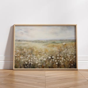 野の花畑の風景油絵、ビンテージ風景アートプリント、田舎の野原の壁アート