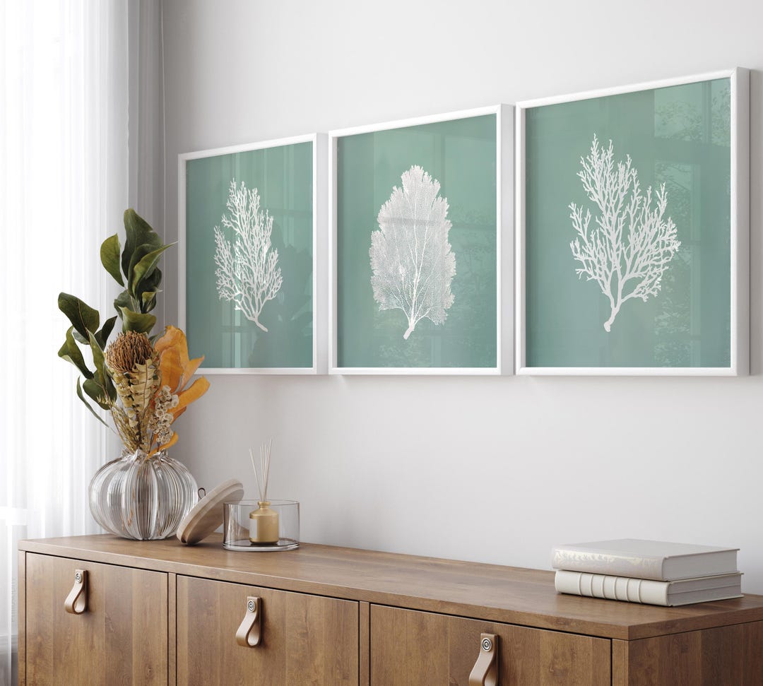 Picture of Sage Green Coral Coastal Wall Art Set: Beach House Decor - Etsy