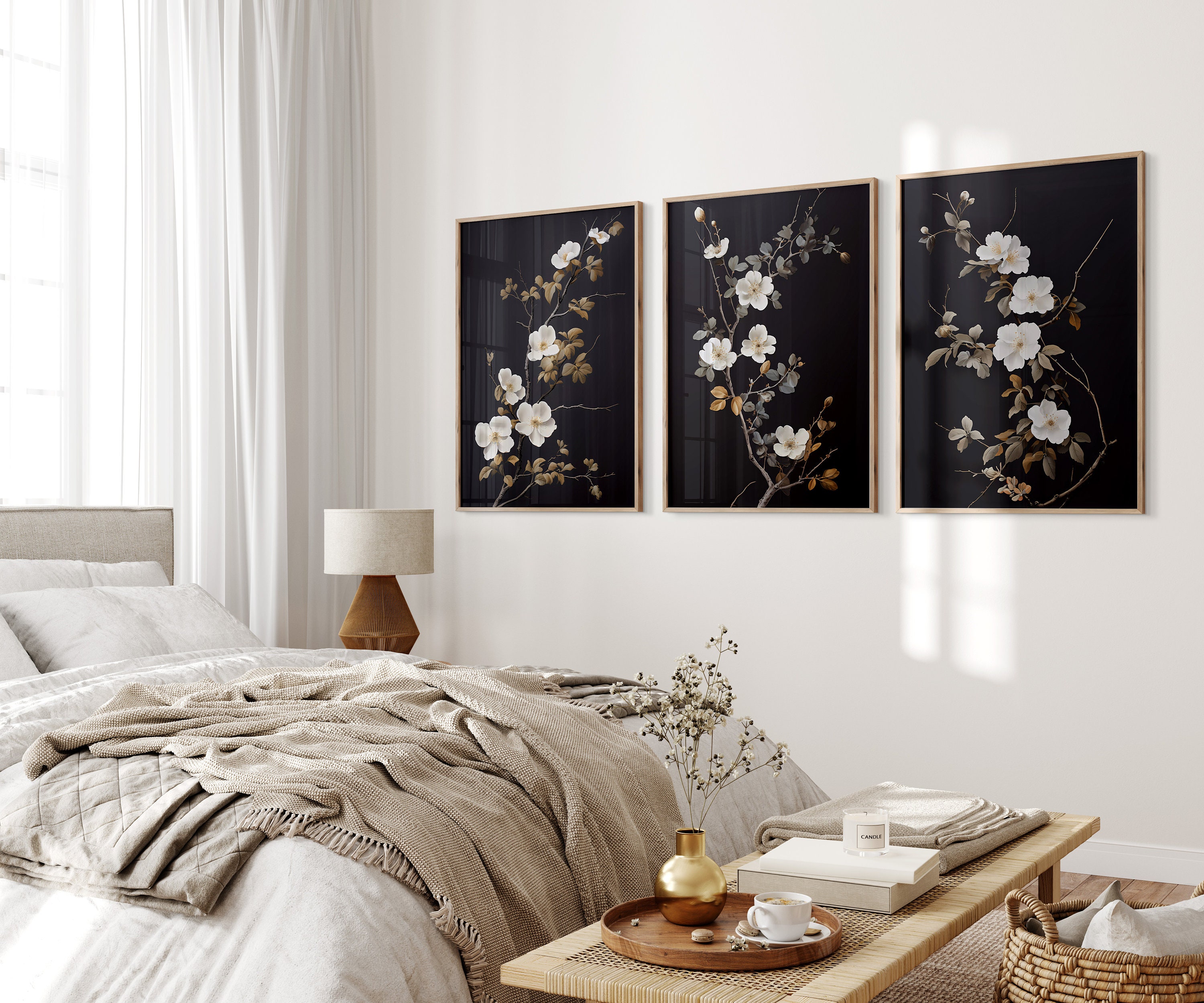 Modern Floral Artwork, Black Flower Wall Art, Floral Prints Set of 3 - Etsy