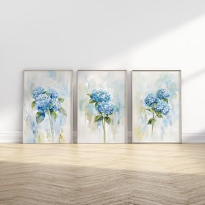 Blue Hydrangea Art Prints: Minimalist Floral Wall Decor, Set of 3