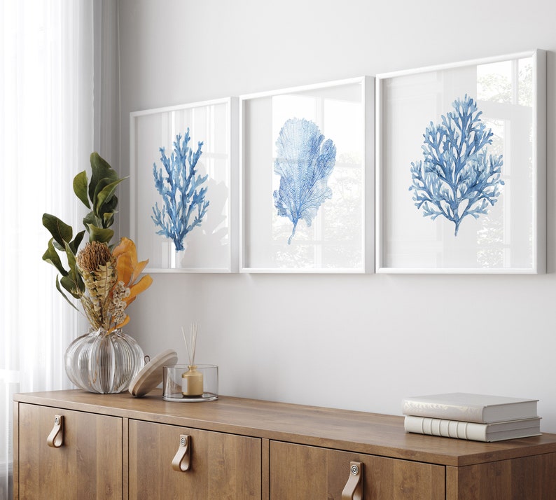 Blue Coral Wall Art, Nautical Wall Decor, Coastal Wall Art, Beach House Artwork, Set of 3 Etsy