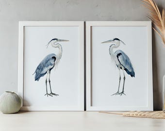 May include: Two framed wall art prints featuring watercolor illustrations of grey herons. Each print displays a single heron standing in profile, rendered in shades of blue and grey against a plain white background, enclosed in white frames.