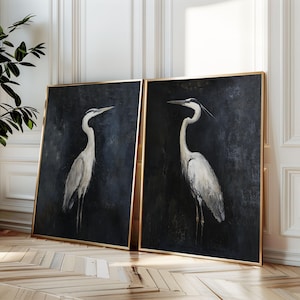 Black Heron, heron oil painting Minimalist Coastal Room Decor, Modern Fine Art Posters, set of 2