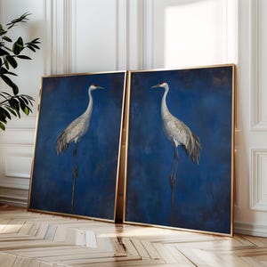 Vintage Sandhill Crane Artwork, Crane oil painting, Minimalist Coastal Room Decor, Modern Fine Art Posters, set of 2