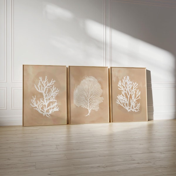 Conjunto de láminas artísticas en coral beige: decoración de pared para casa de playa costera