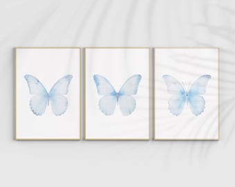Blue Butterfly Art Print Set, Nursery Wall Decor