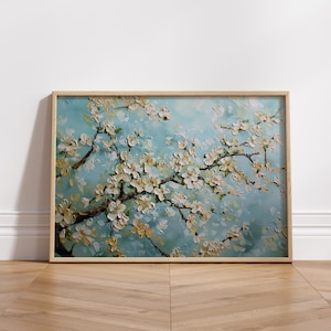 Vintage Blue Flower Oil Painting - Floral Art Print for Blue Living Room Wall Decor