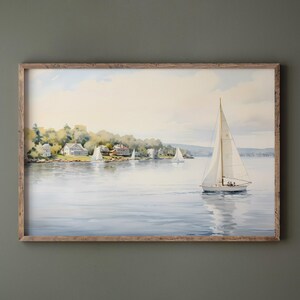 Vintage Nautical Oil Painting Neutral Sailboat Seascape Print Wall Art image 3