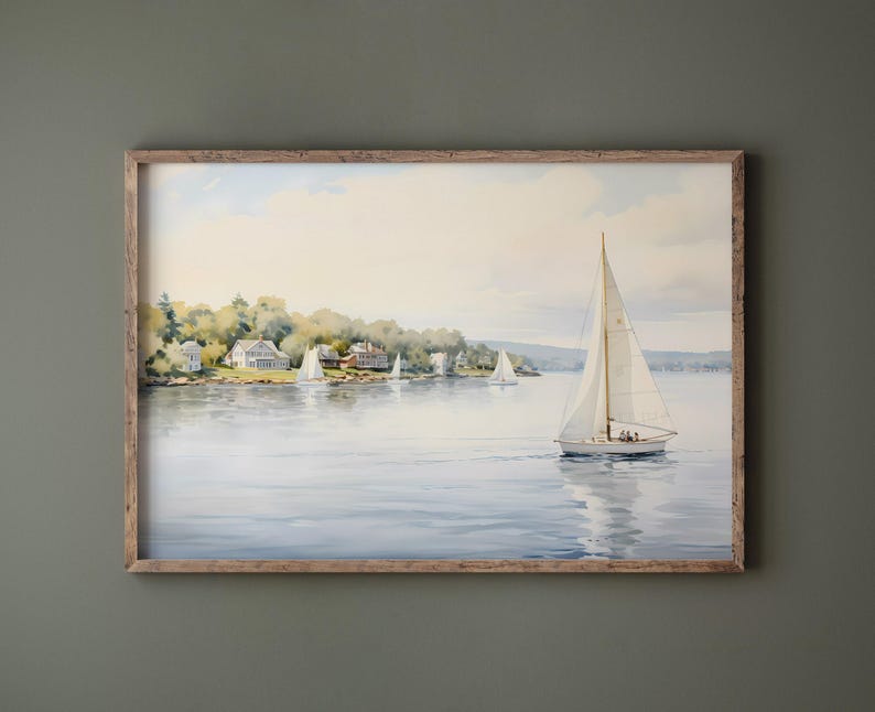 Vintage Nautical Oil Painting Neutral Sailboat Seascape Print Wall Art image 3