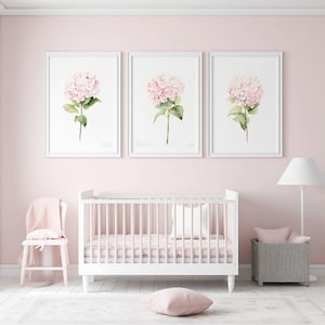 Pink Hydrangea, Watercolor Painting, Minimalist Wall Decor, Nursery wall art, Pink Floral Art,  set of 3