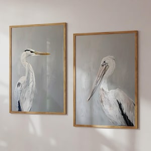 May include: Two rectangular framed wall art prints featuring bird illustrations. The left print depicts a grey heron with a long neck and beak. The right print shows a pelican with a large bill. Both birds are set against a soft grey background.