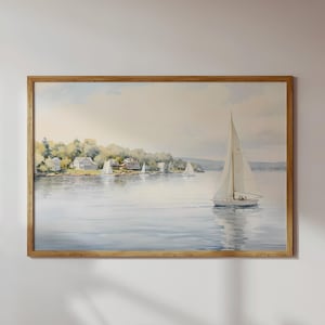 Vintage Nautical Oil Painting Neutral Sailboat Seascape Print Wall Art image 1