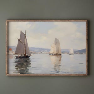 a painting of a sailboat and a sailboat in the water