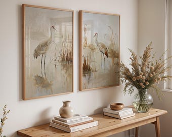 Set met prints van Canadese kraanvogels: minimalistische kustposters
