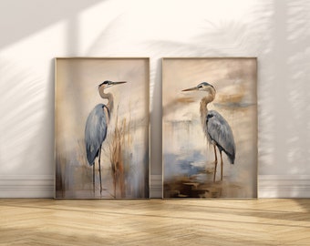 Blue Heron, heron oil painting Minimalist Coastal Room Decor, Modern Fine Art Posters, set of 2