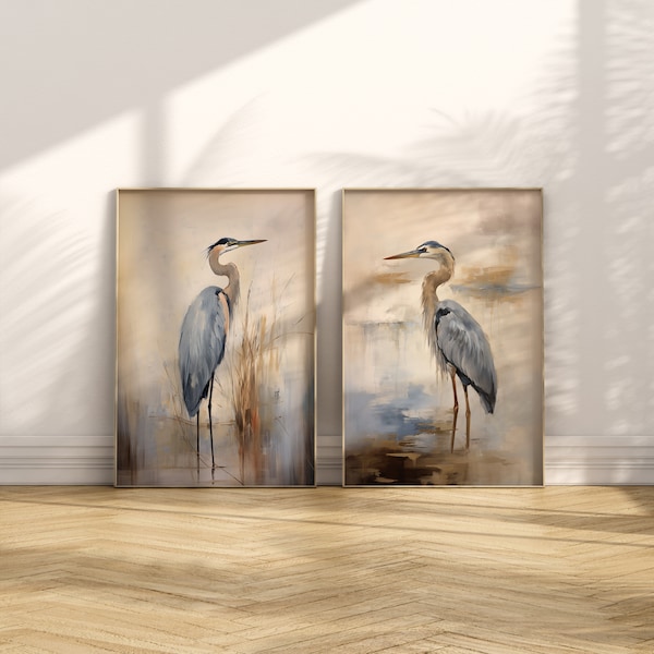 Blue Heron, heron oil painting Minimalist Coastal Room Decor, Modern Fine Art Posters, set of 2