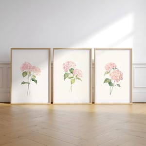 Roze hortensia, aquarel, minimalistisch muurdecor, kunst aan de muur kinderkamer, roze bloemsierkunst, set van 3