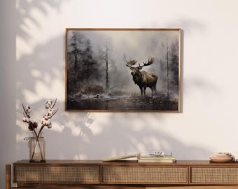 Moose Canvas Print, Forest Landscape, Rustic Farmhouse Decor
