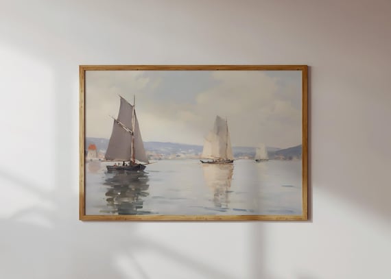 Vintage Nautical Oil Painting  Neutral Sailboat Seascape Print  Wall Art