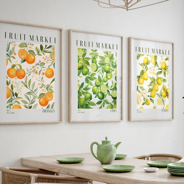 Citrus Fruit Market Art Prints: Lemon, Lime & Orange Kitchen Decor (Set of 3)