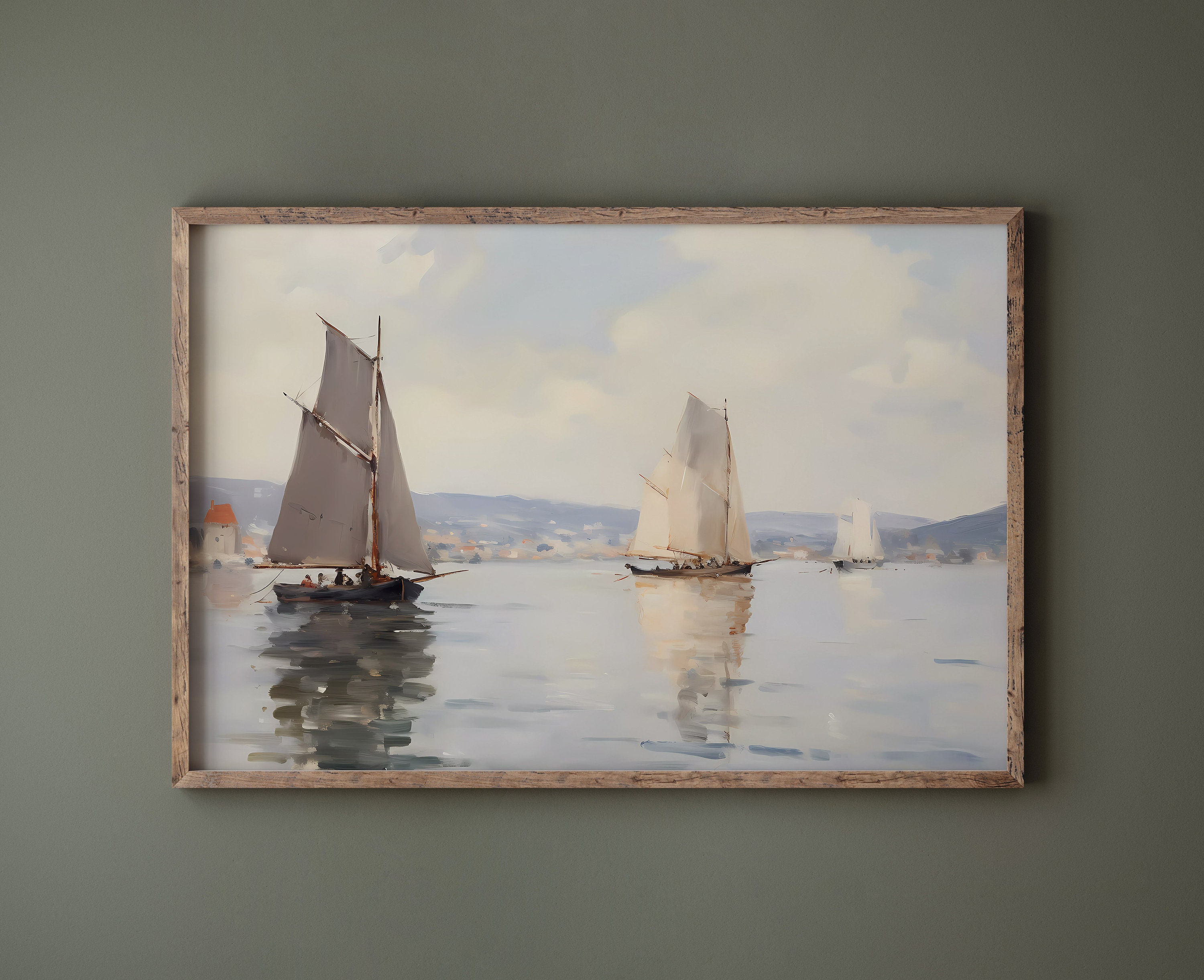 Vintage Nautical Oil Painting Neutral Sailboat Seascape Print Wall Art ...